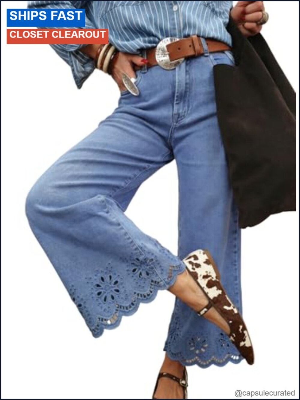 Wide Leg High Waisted Embroidered Stretch Denim Jeans Ankle